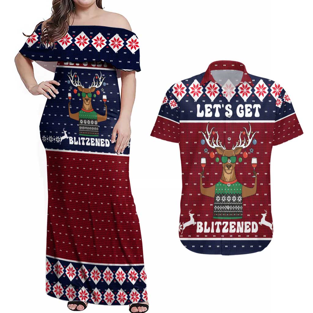 Lets Get Slouchy Christmas Couples Matching Off Shoulder Maxi Dress and Hawaiian Shirt Funny Xmas Holiday Patterns - Wonder Print Shop