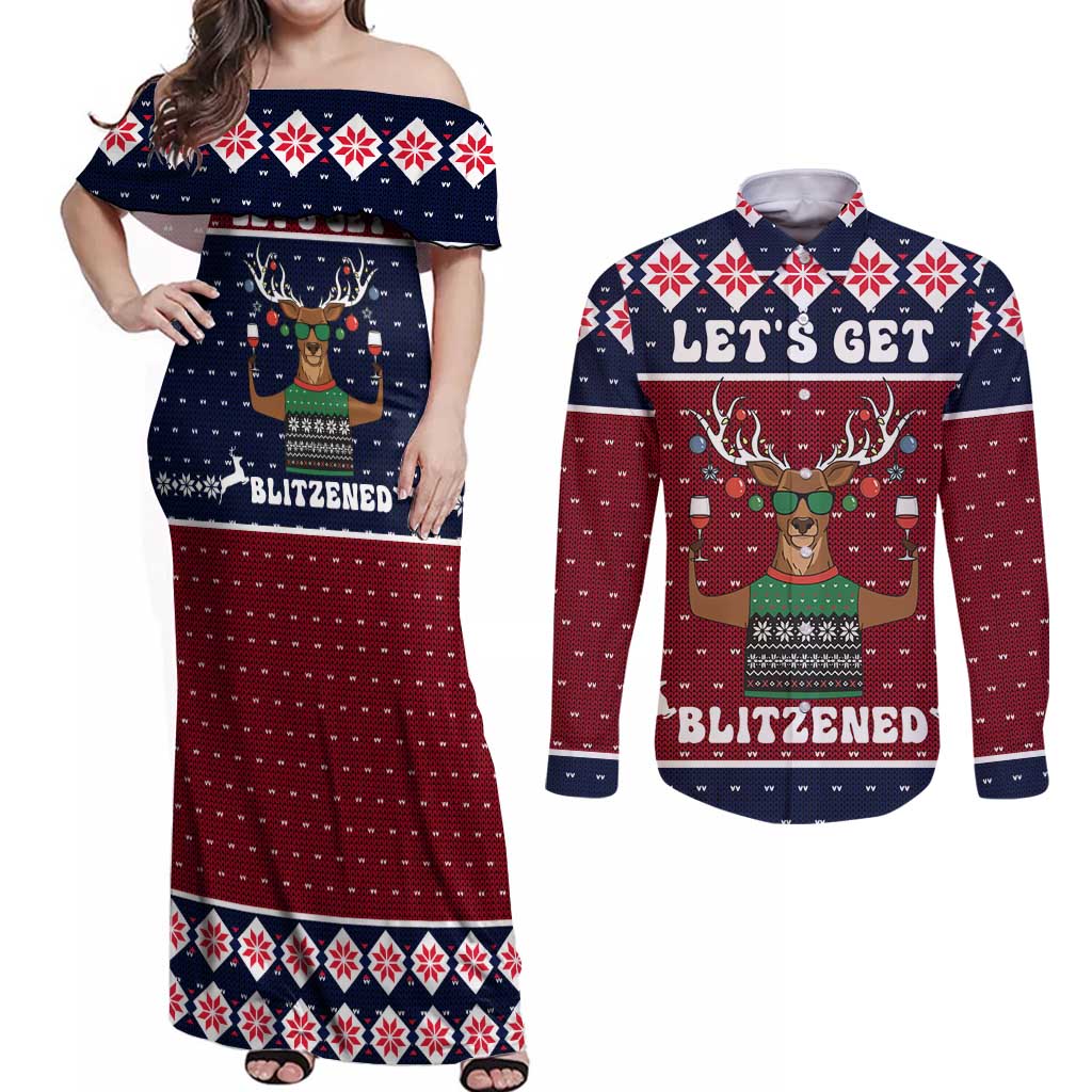 Lets Get Slouchy Christmas Couples Matching Off Shoulder Maxi Dress and Long Sleeve Button Shirt Funny Xmas Holiday Patterns - Wonder Print Shop