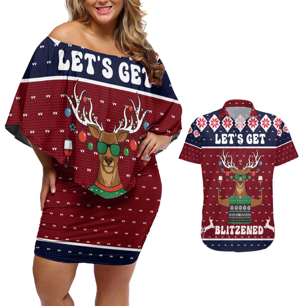 Lets Get Slouchy Christmas Couples Matching Off Shoulder Short Dress and Hawaiian Shirt Funny Xmas Holiday Patterns - Wonder Print Shop