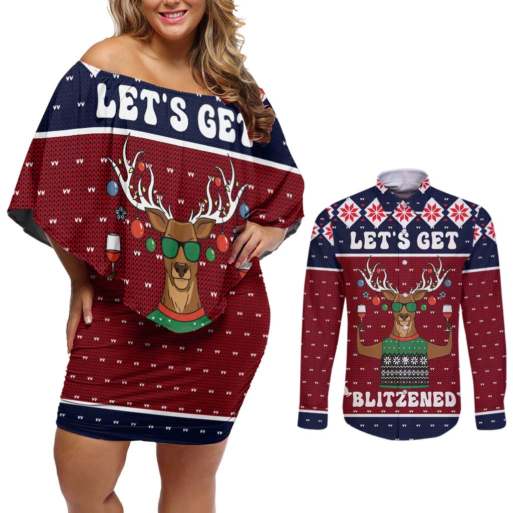 Lets Get Slouchy Christmas Couples Matching Off Shoulder Short Dress and Long Sleeve Button Shirt Funny Xmas Holiday Patterns - Wonder Print Shop