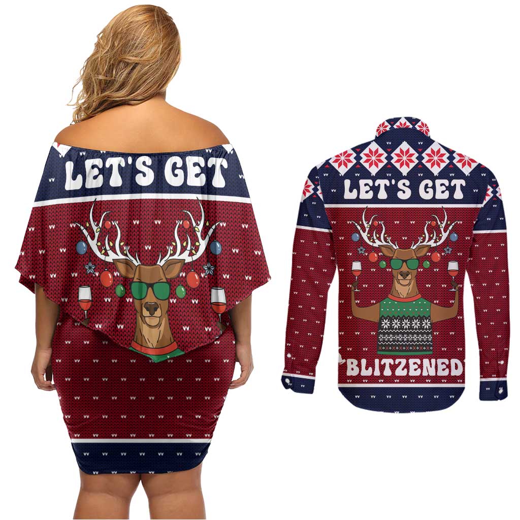 Lets Get Slouchy Christmas Couples Matching Off Shoulder Short Dress and Long Sleeve Button Shirt Funny Xmas Holiday Patterns - Wonder Print Shop
