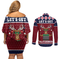 Lets Get Slouchy Christmas Couples Matching Off Shoulder Short Dress and Long Sleeve Button Shirt Funny Xmas Holiday Patterns - Wonder Print Shop