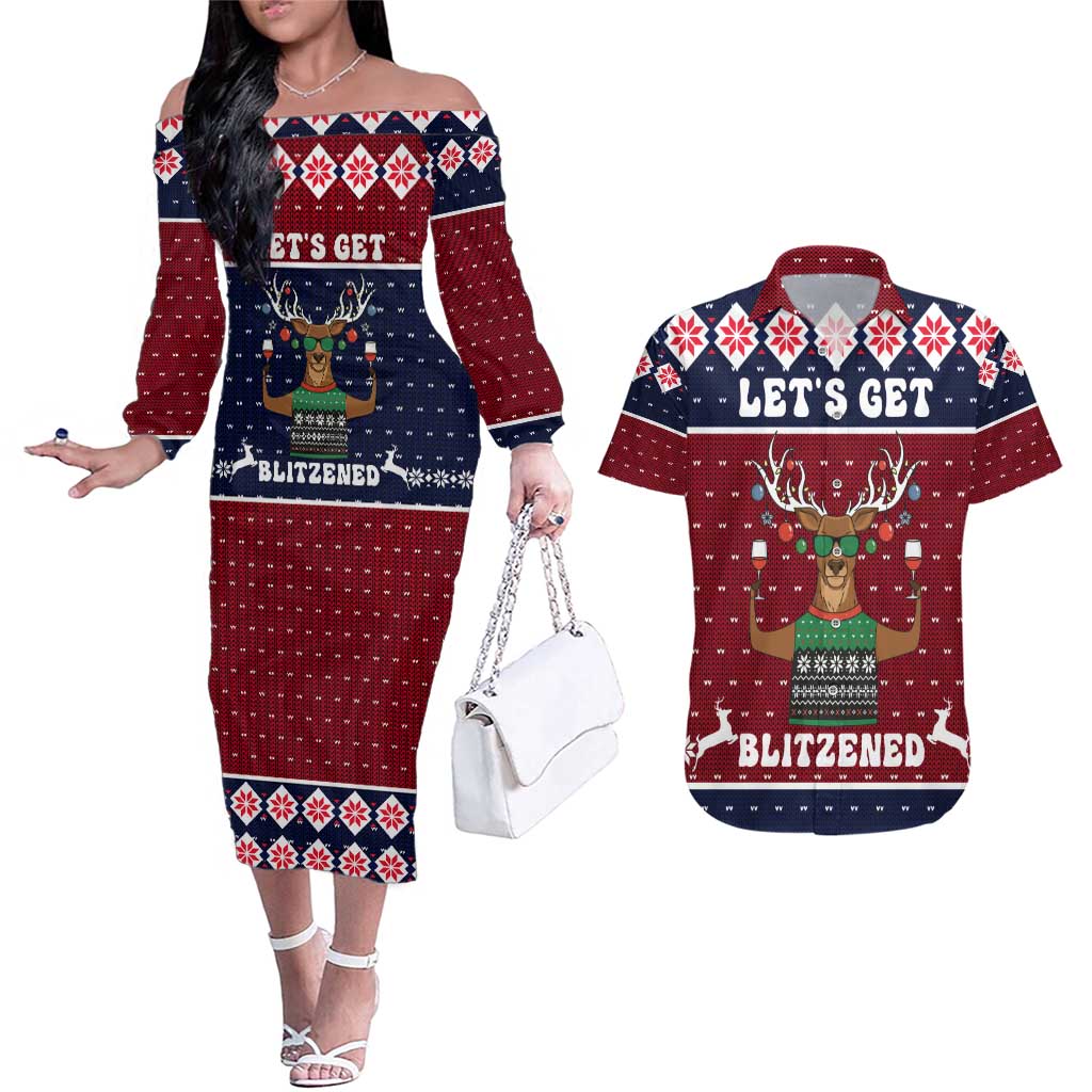 Lets Get Slouchy Christmas Couples Matching Off The Shoulder Long Sleeve Dress and Hawaiian Shirt Funny Xmas Holiday Patterns - Wonder Print Shop