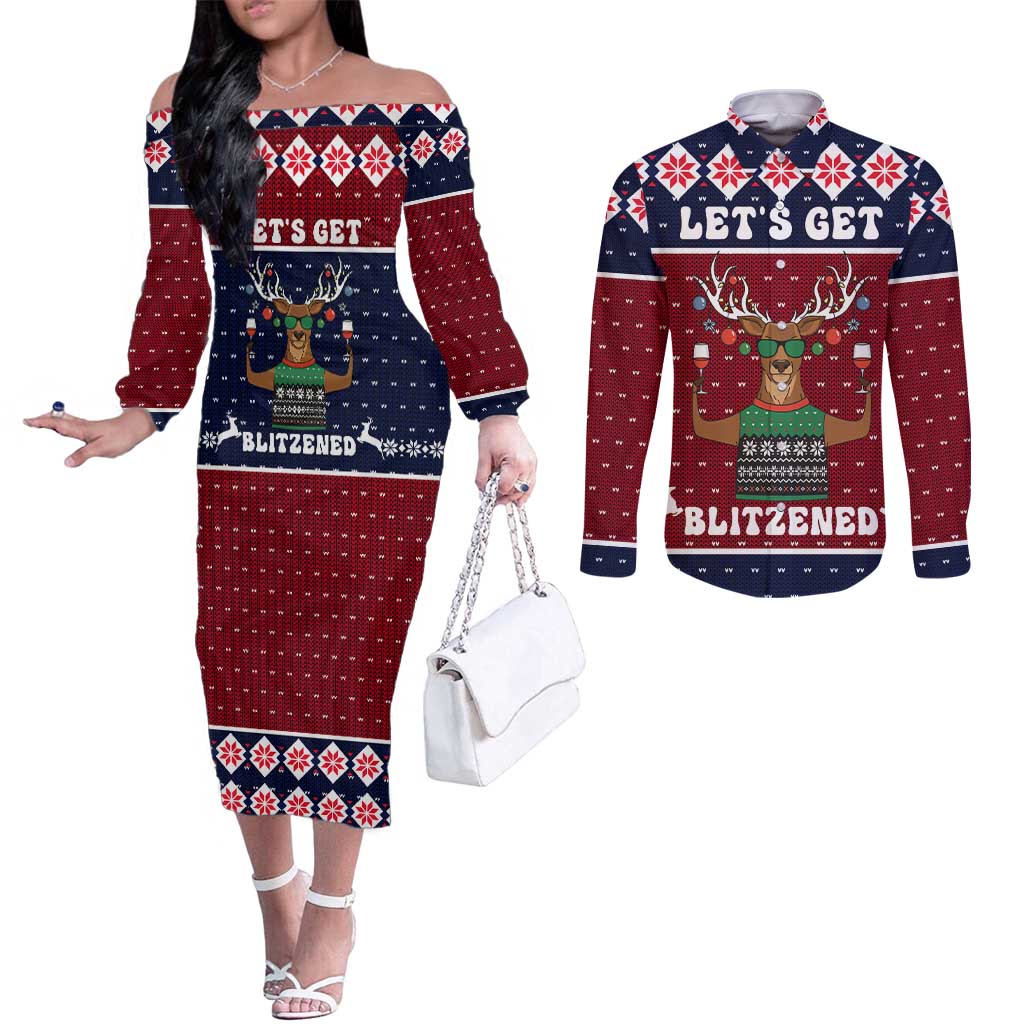 Lets Get Slouchy Christmas Couples Matching Off The Shoulder Long Sleeve Dress and Long Sleeve Button Shirt Funny Xmas Holiday Patterns - Wonder Print Shop