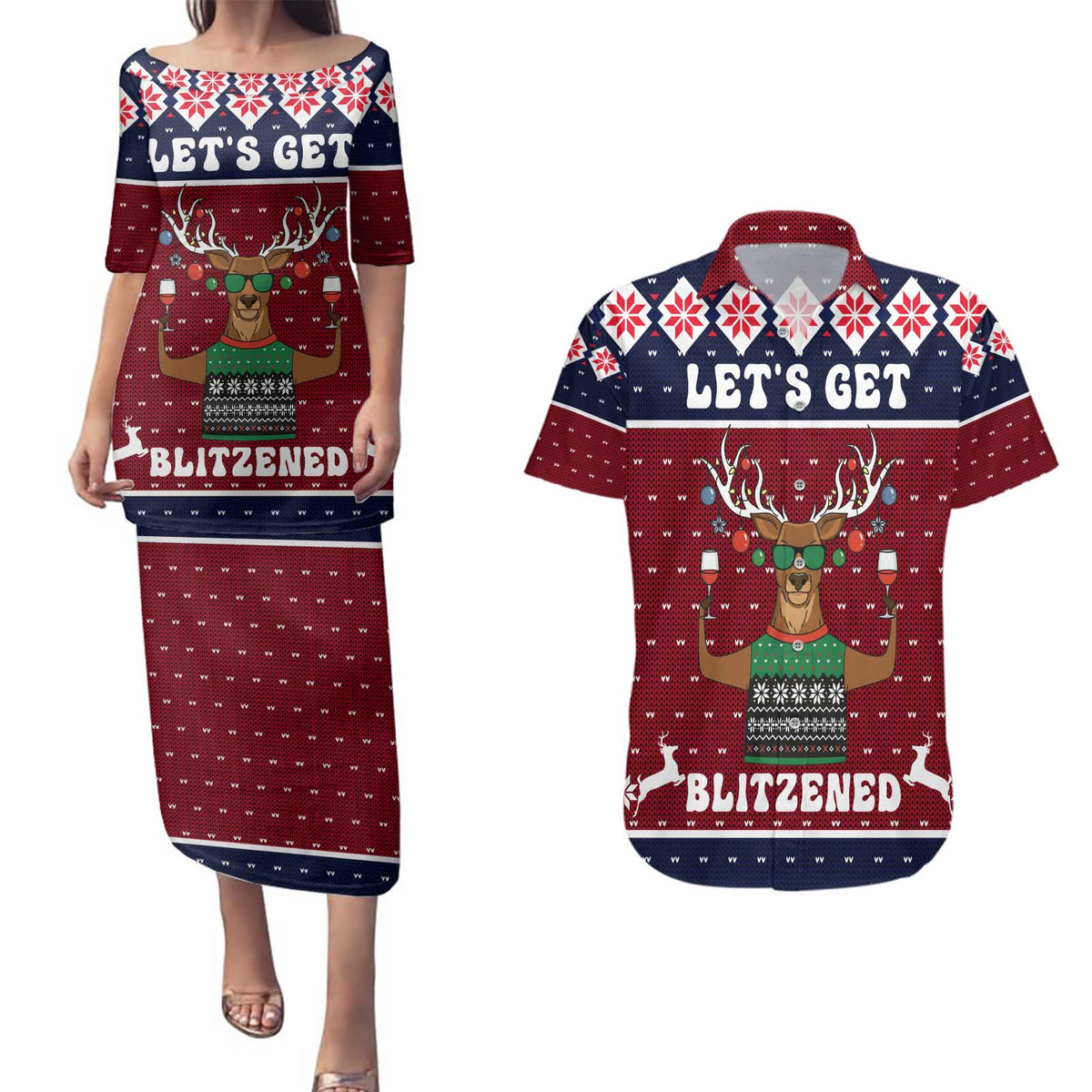 Lets Get Slouchy Christmas Couples Matching Puletasi and Hawaiian Shirt Funny Xmas Holiday Patterns - Wonder Print Shop