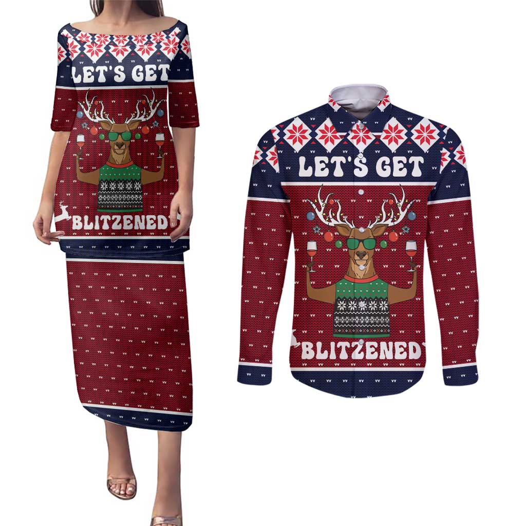 Lets Get Slouchy Christmas Couples Matching Puletasi and Long Sleeve Button Shirt Funny Xmas Holiday Patterns - Wonder Print Shop