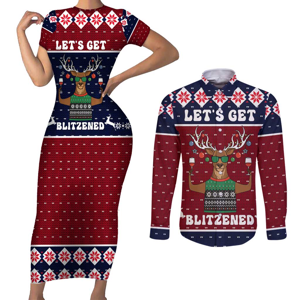 Lets Get Slouchy Christmas Couples Matching Short Sleeve Bodycon Dress and Long Sleeve Button Shirt Funny Xmas Holiday Patterns - Wonder Print Shop