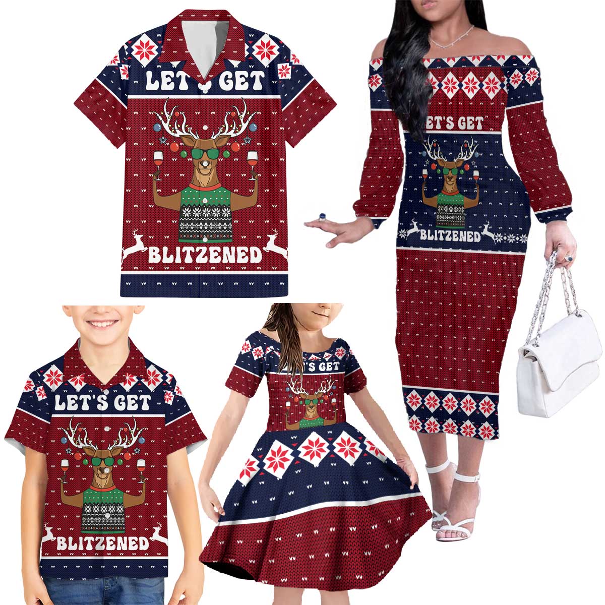 Lets Get Slouchy Christmas Family Matching Off The Shoulder Long Sleeve Dress and Hawaiian Shirt Funny Xmas Holiday Patterns - Wonder Print Shop