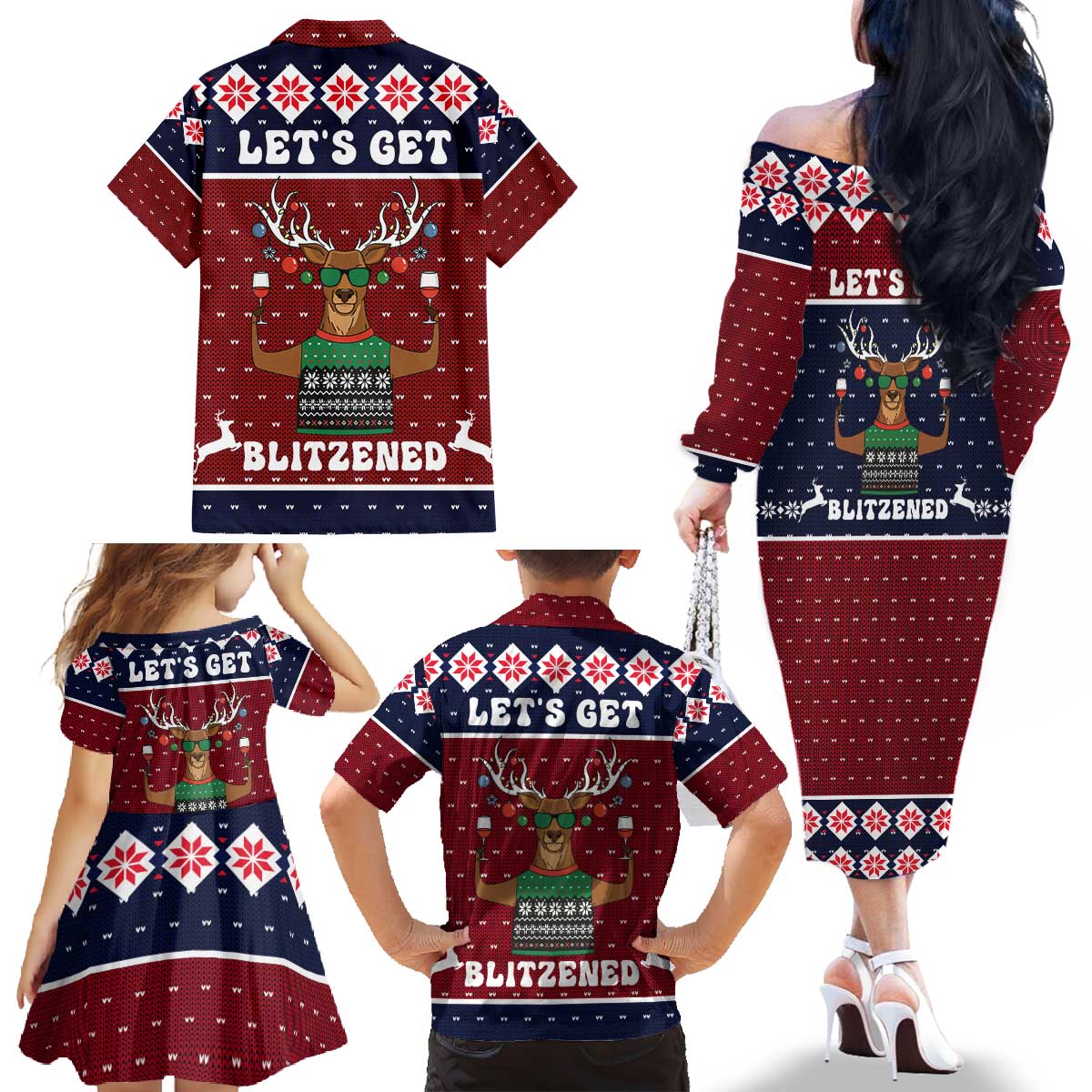 Lets Get Slouchy Christmas Family Matching Off The Shoulder Long Sleeve Dress and Hawaiian Shirt Funny Xmas Holiday Patterns - Wonder Print Shop