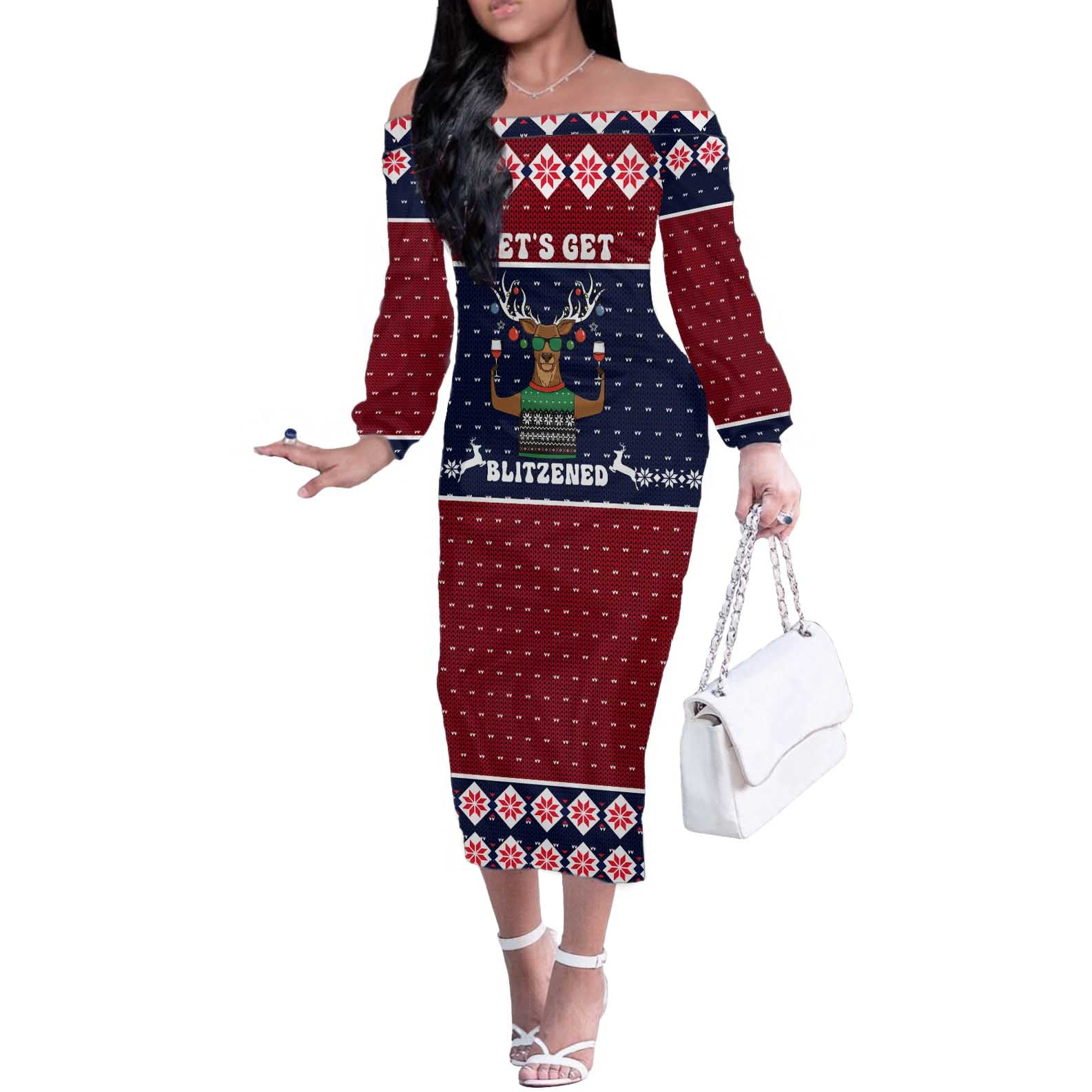 Lets Get Slouchy Christmas Off The Shoulder Long Sleeve Dress Funny Xmas Holiday Patterns - Wonder Print Shop