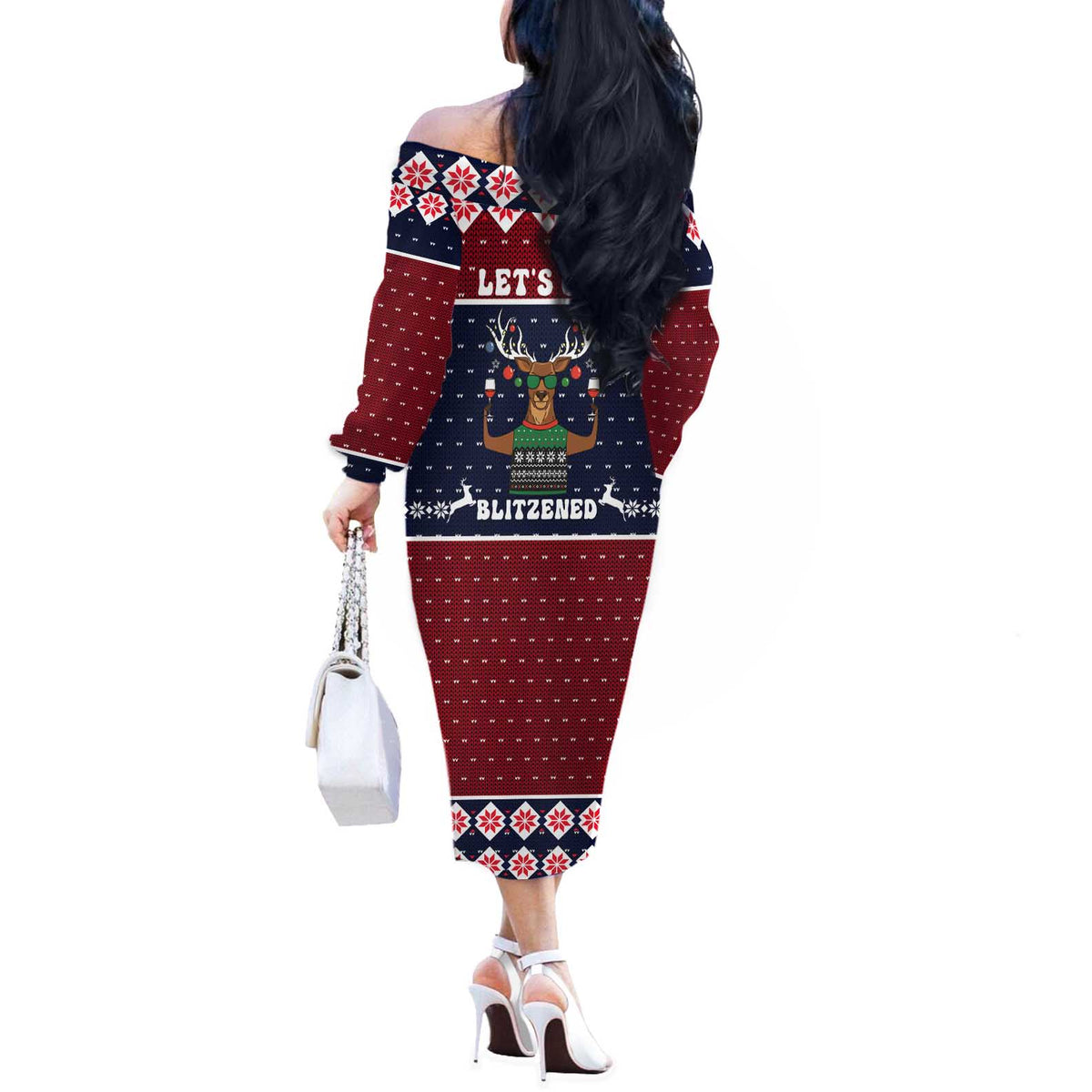Lets Get Slouchy Christmas Off The Shoulder Long Sleeve Dress Funny Xmas Holiday Patterns - Wonder Print Shop