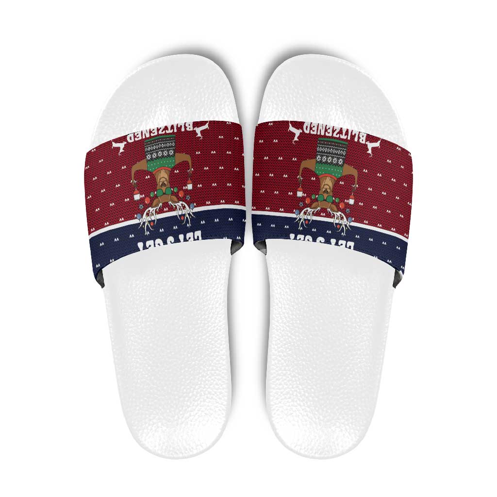 Lets Get Slouchy Christmas Slide Sandals Funny Xmas Holiday Patterns - Wonder Print Shop