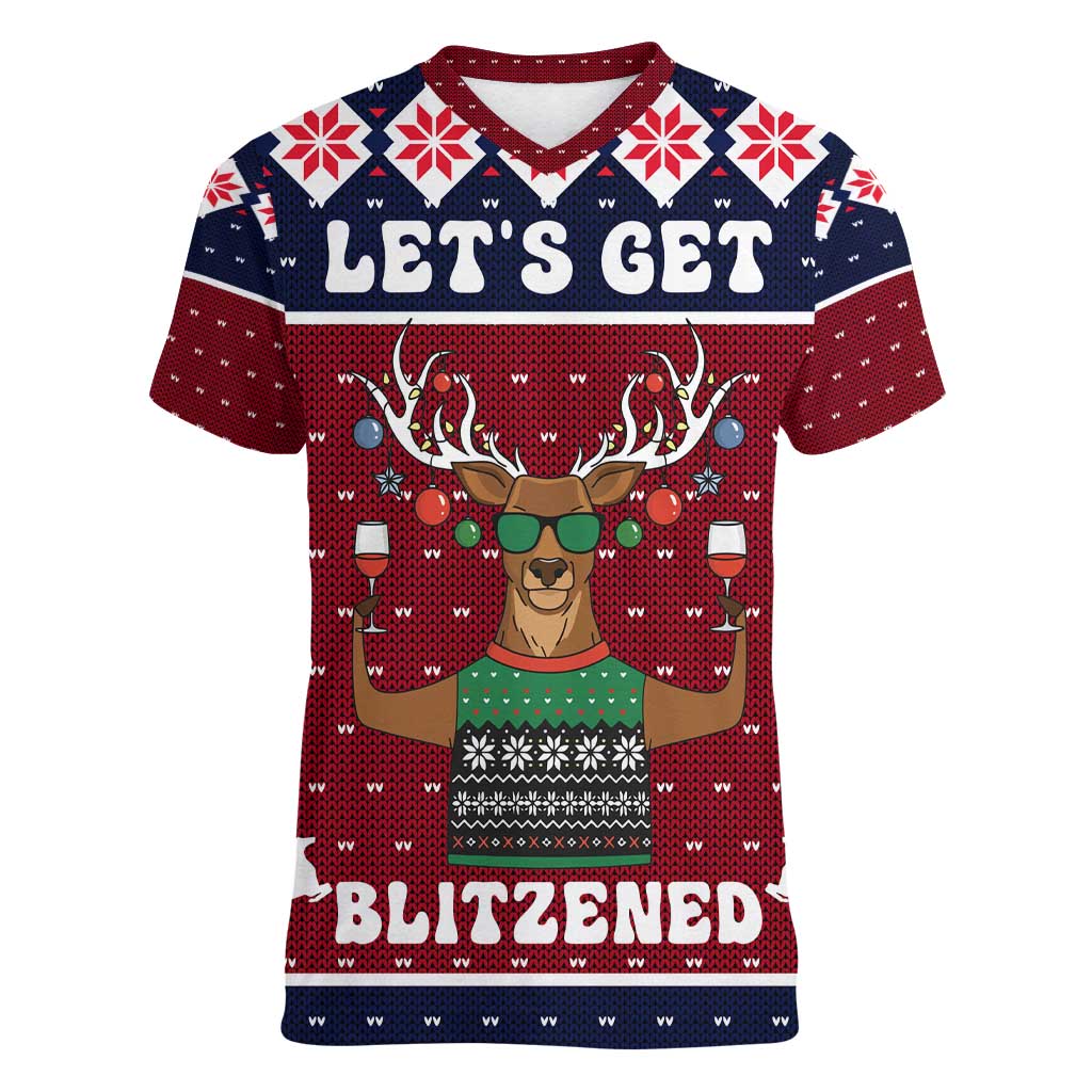 Lets Get Slouchy Christmas Women V-Neck T-Shirt Funny Xmas Holiday Patterns - Wonder Print Shop