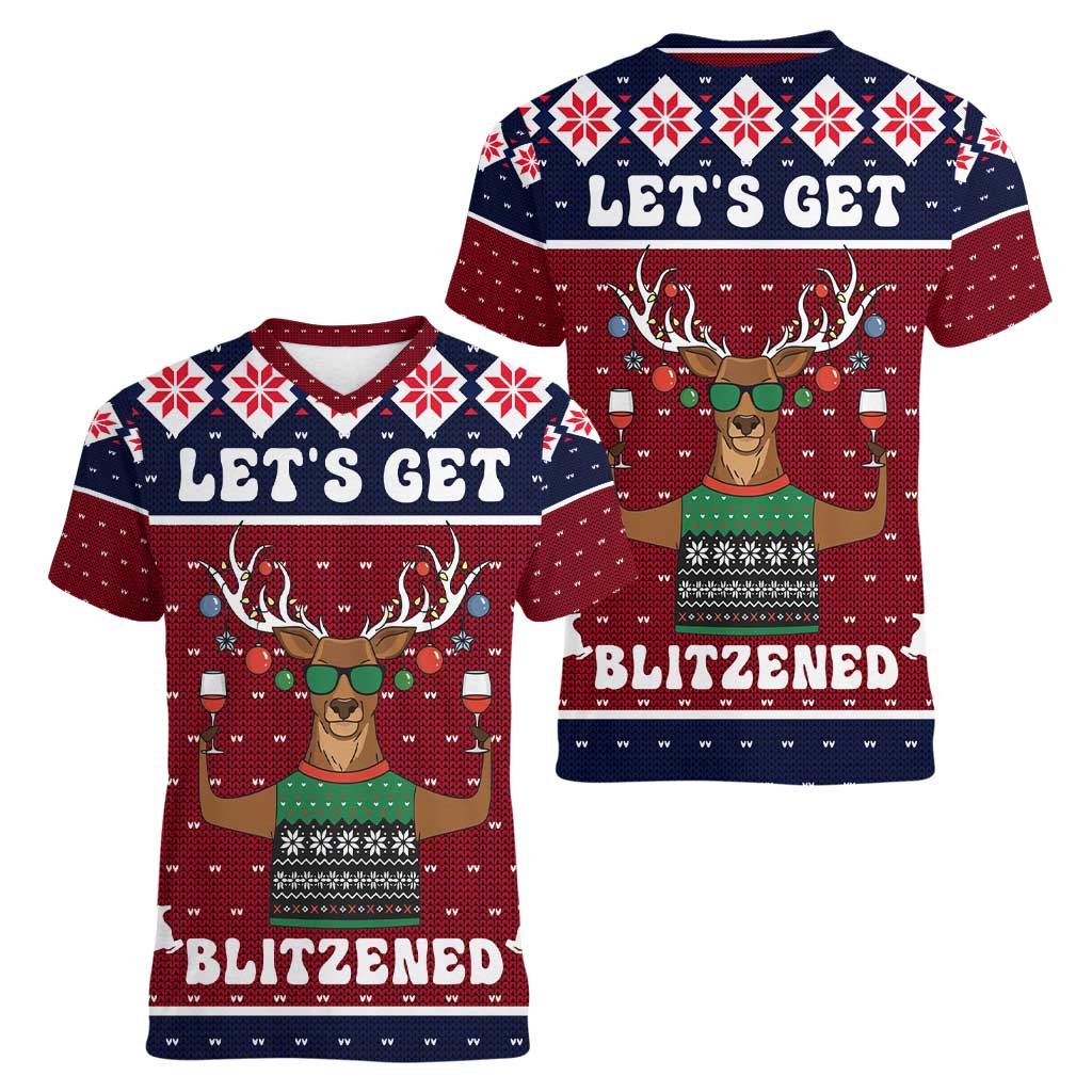 Lets Get Slouchy Christmas Women V-Neck T-Shirt Funny Xmas Holiday Patterns - Wonder Print Shop