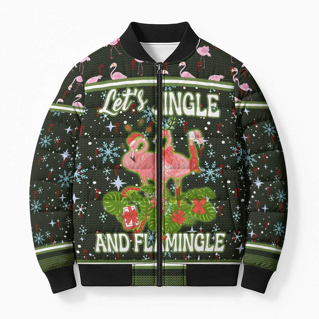 Lets Jingle And Flamingle Christmas Bomber Puffer Jacket Funny Xmas Holiday Patterns - Wonder Print Shop