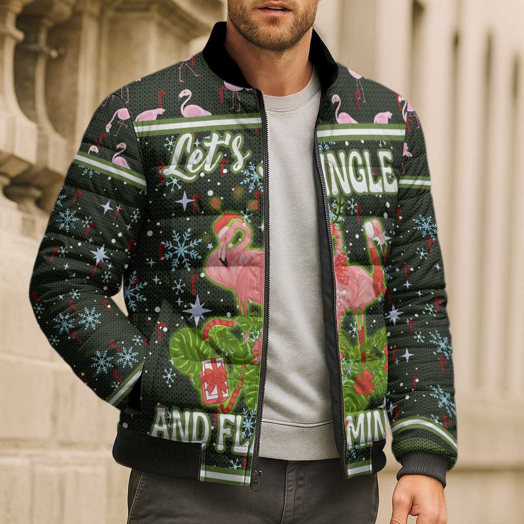 Lets Jingle And Flamingle Christmas Bomber Puffer Jacket Funny Xmas Holiday Patterns - Wonder Print Shop
