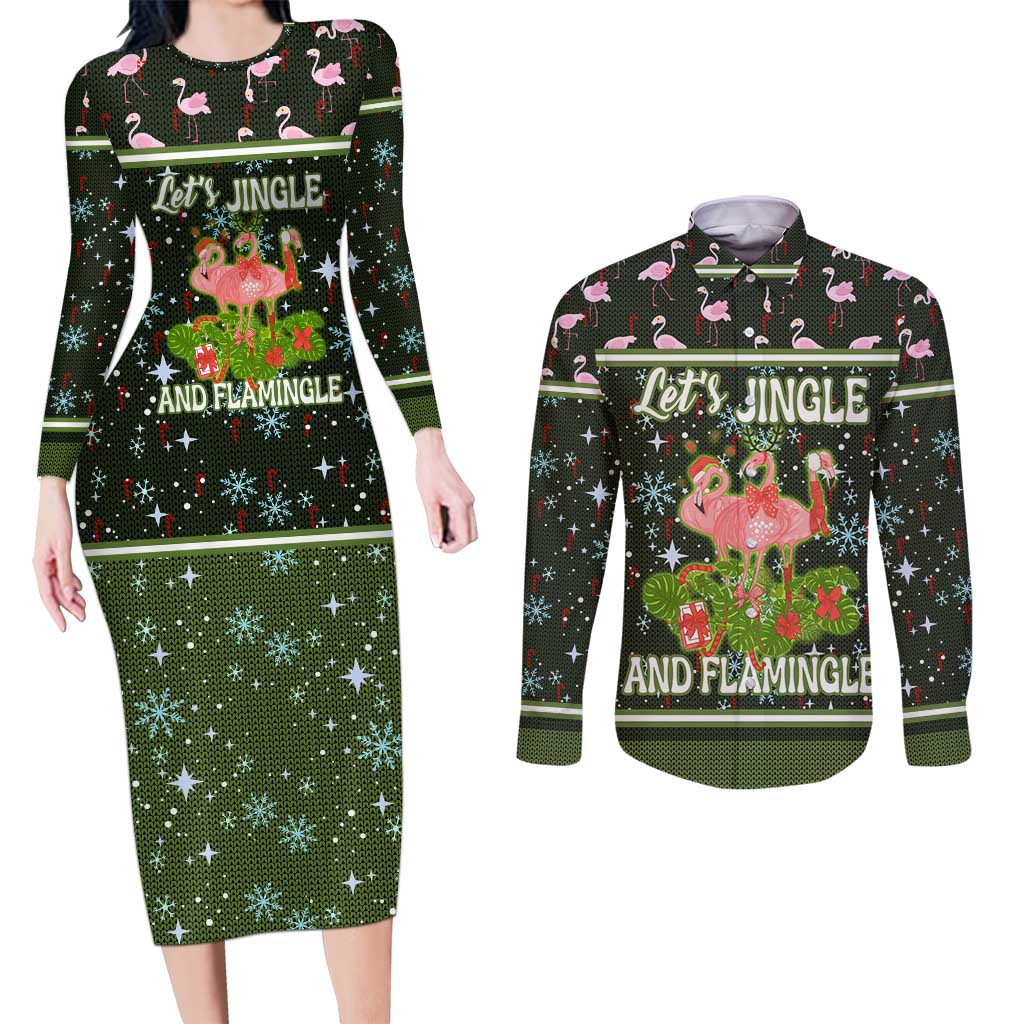 Lets Jingle And Flamingle Christmas Couples Matching Long Sleeve Bodycon Dress and Long Sleeve Button Shirt Funny Xmas Holiday Patterns - Wonder Print Shop