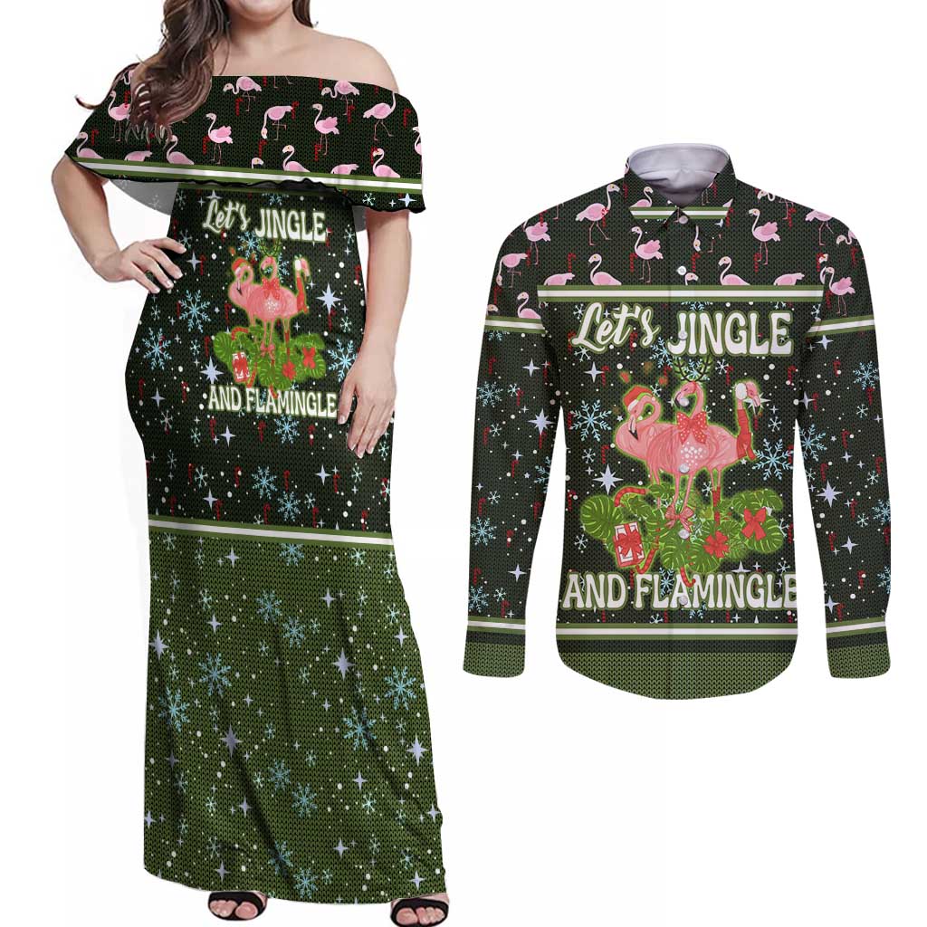 Lets Jingle And Flamingle Christmas Couples Matching Off Shoulder Maxi Dress and Long Sleeve Button Shirt Funny Xmas Holiday Patterns - Wonder Print Shop