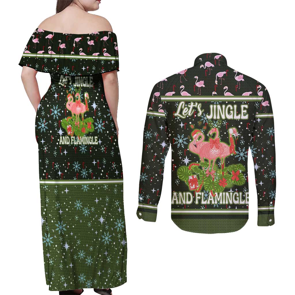 Lets Jingle And Flamingle Christmas Couples Matching Off Shoulder Maxi Dress and Long Sleeve Button Shirt Funny Xmas Holiday Patterns - Wonder Print Shop