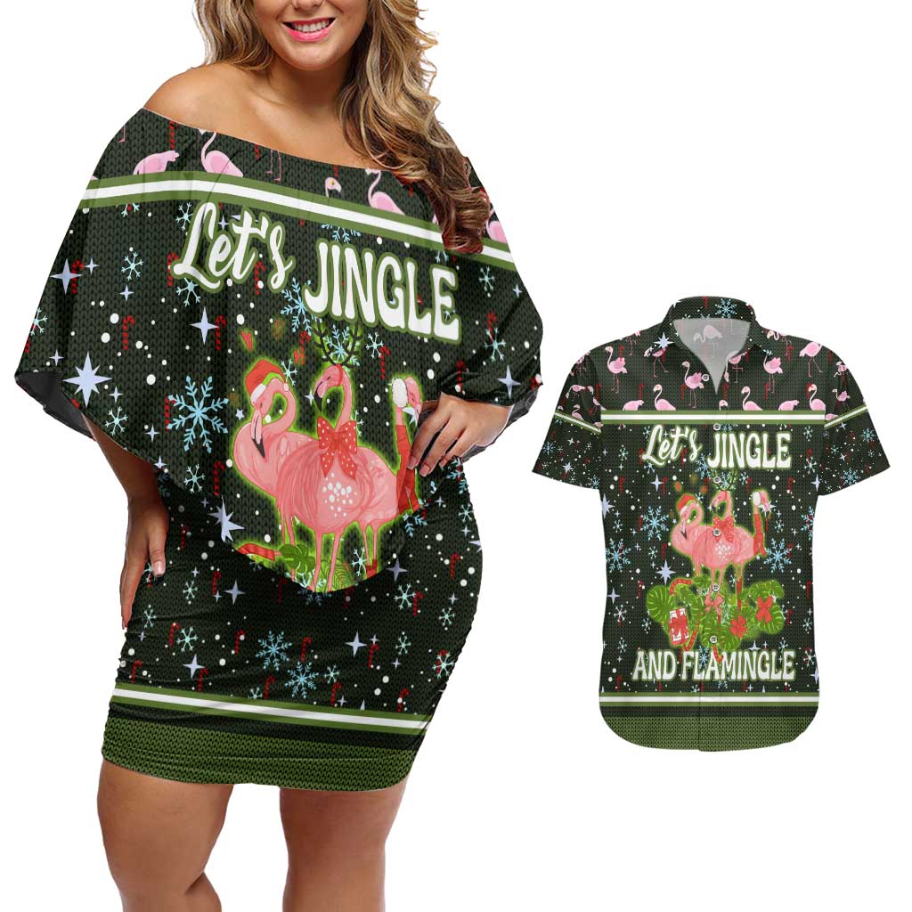 Lets Jingle And Flamingle Christmas Couples Matching Off Shoulder Short Dress and Hawaiian Shirt Funny Xmas Holiday Patterns - Wonder Print Shop