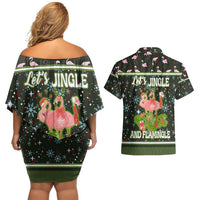Lets Jingle And Flamingle Christmas Couples Matching Off Shoulder Short Dress and Hawaiian Shirt Funny Xmas Holiday Patterns - Wonder Print Shop