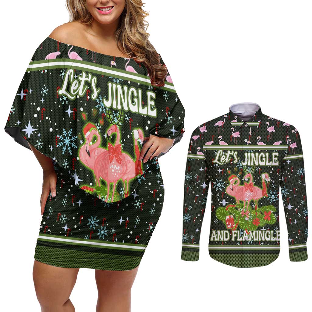 Lets Jingle And Flamingle Christmas Couples Matching Off Shoulder Short Dress and Long Sleeve Button Shirt Funny Xmas Holiday Patterns - Wonder Print Shop