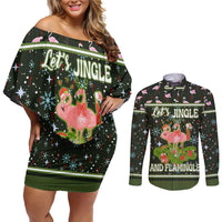 Lets Jingle And Flamingle Christmas Couples Matching Off Shoulder Short Dress and Long Sleeve Button Shirt Funny Xmas Holiday Patterns - Wonder Print Shop
