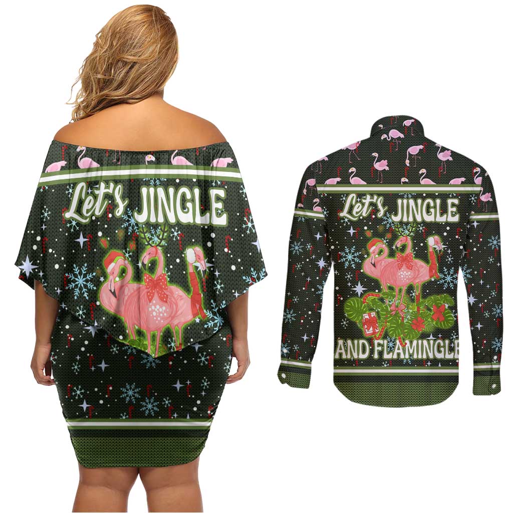 Lets Jingle And Flamingle Christmas Couples Matching Off Shoulder Short Dress and Long Sleeve Button Shirt Funny Xmas Holiday Patterns - Wonder Print Shop