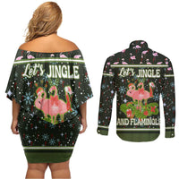 Lets Jingle And Flamingle Christmas Couples Matching Off Shoulder Short Dress and Long Sleeve Button Shirt Funny Xmas Holiday Patterns - Wonder Print Shop