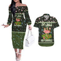 Lets Jingle And Flamingle Christmas Couples Matching Off The Shoulder Long Sleeve Dress and Hawaiian Shirt Funny Xmas Holiday Patterns - Wonder Print Shop