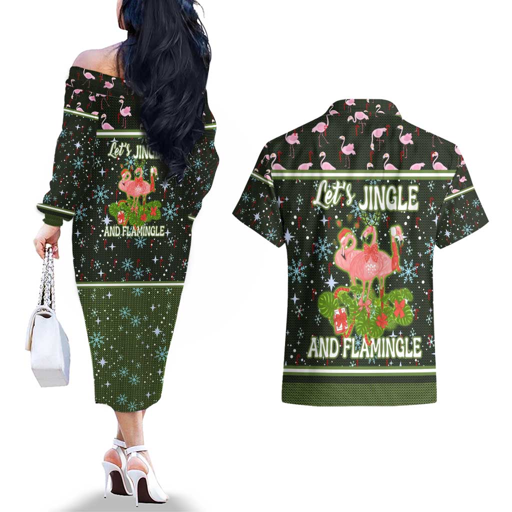 Lets Jingle And Flamingle Christmas Couples Matching Off The Shoulder Long Sleeve Dress and Hawaiian Shirt Funny Xmas Holiday Patterns - Wonder Print Shop