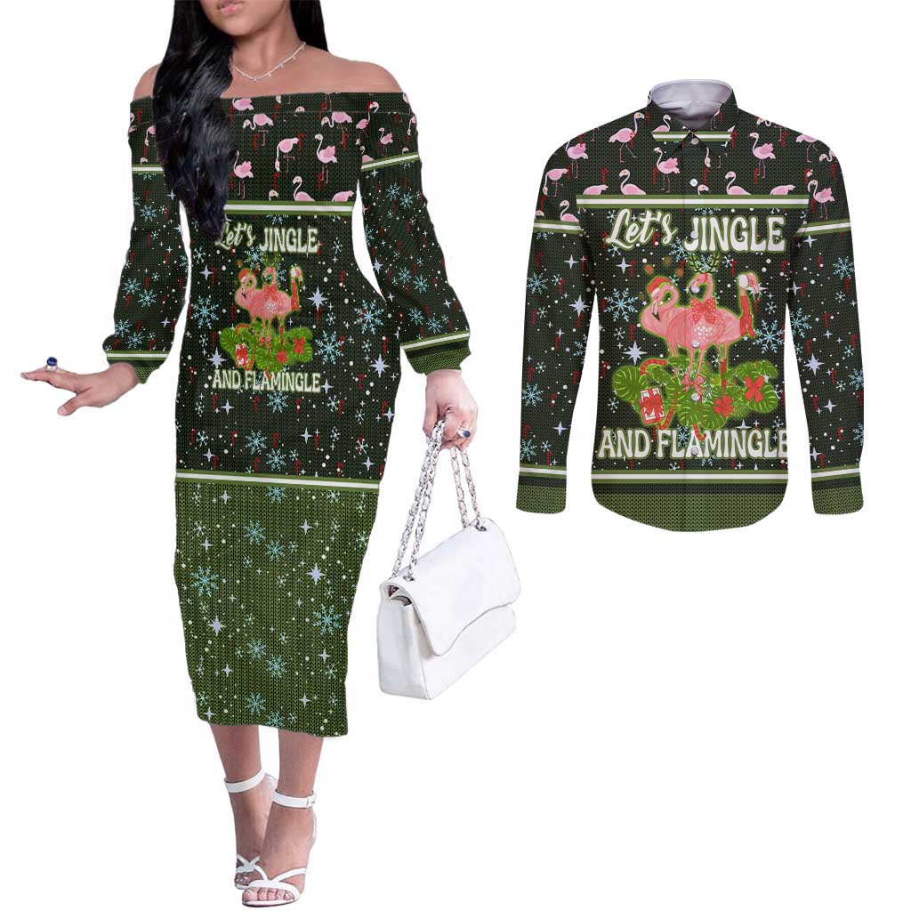Lets Jingle And Flamingle Christmas Couples Matching Off The Shoulder Long Sleeve Dress and Long Sleeve Button Shirt Funny Xmas Holiday Patterns - Wonder Print Shop