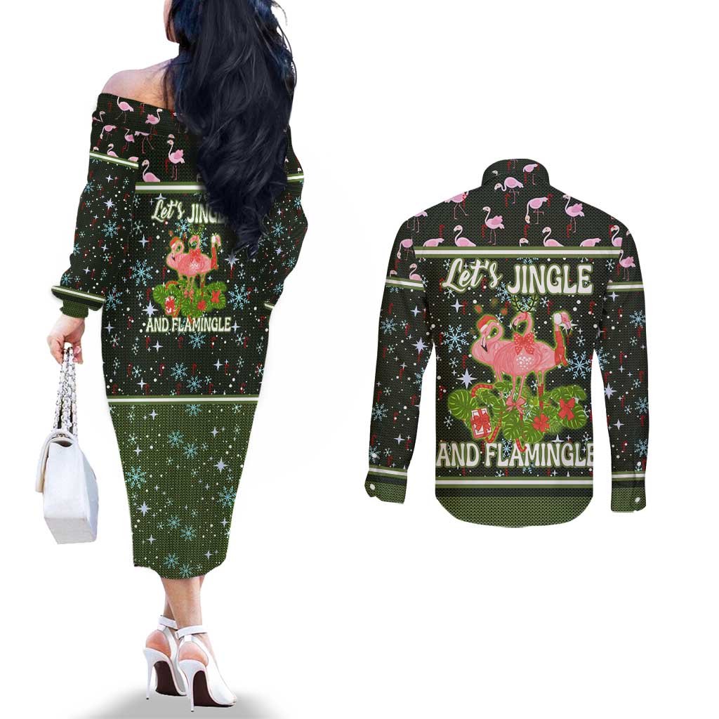 Lets Jingle And Flamingle Christmas Couples Matching Off The Shoulder Long Sleeve Dress and Long Sleeve Button Shirt Funny Xmas Holiday Patterns - Wonder Print Shop