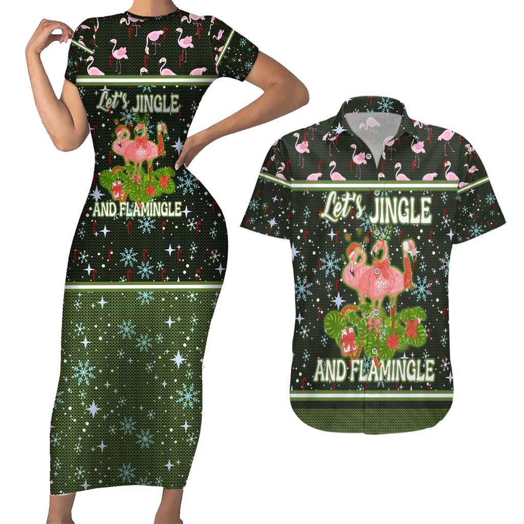 Lets Jingle And Flamingle Christmas Couples Matching Short Sleeve Bodycon Dress and Hawaiian Shirt Funny Xmas Holiday Patterns - Wonder Print Shop