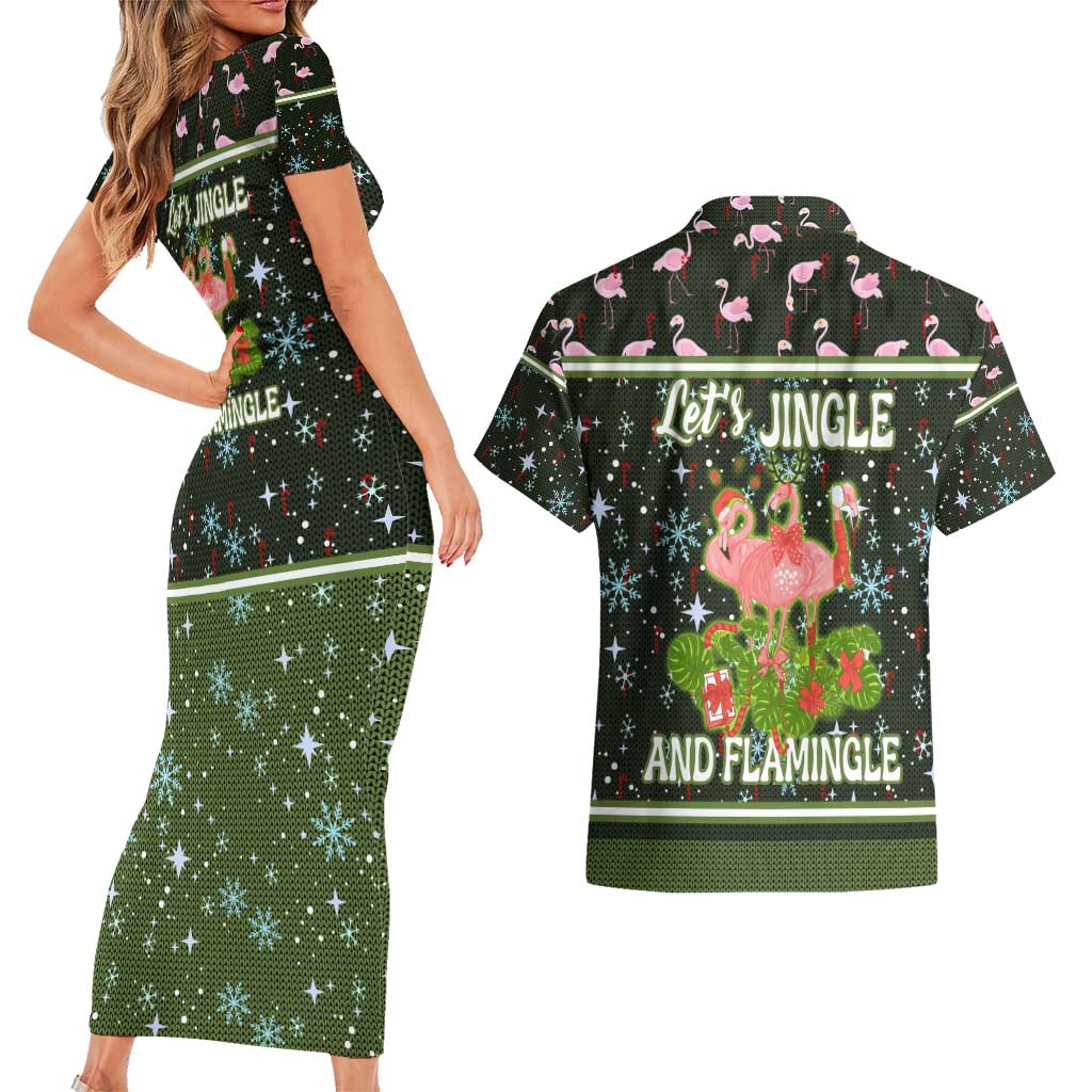 Lets Jingle And Flamingle Christmas Couples Matching Short Sleeve Bodycon Dress and Hawaiian Shirt Funny Xmas Holiday Patterns - Wonder Print Shop