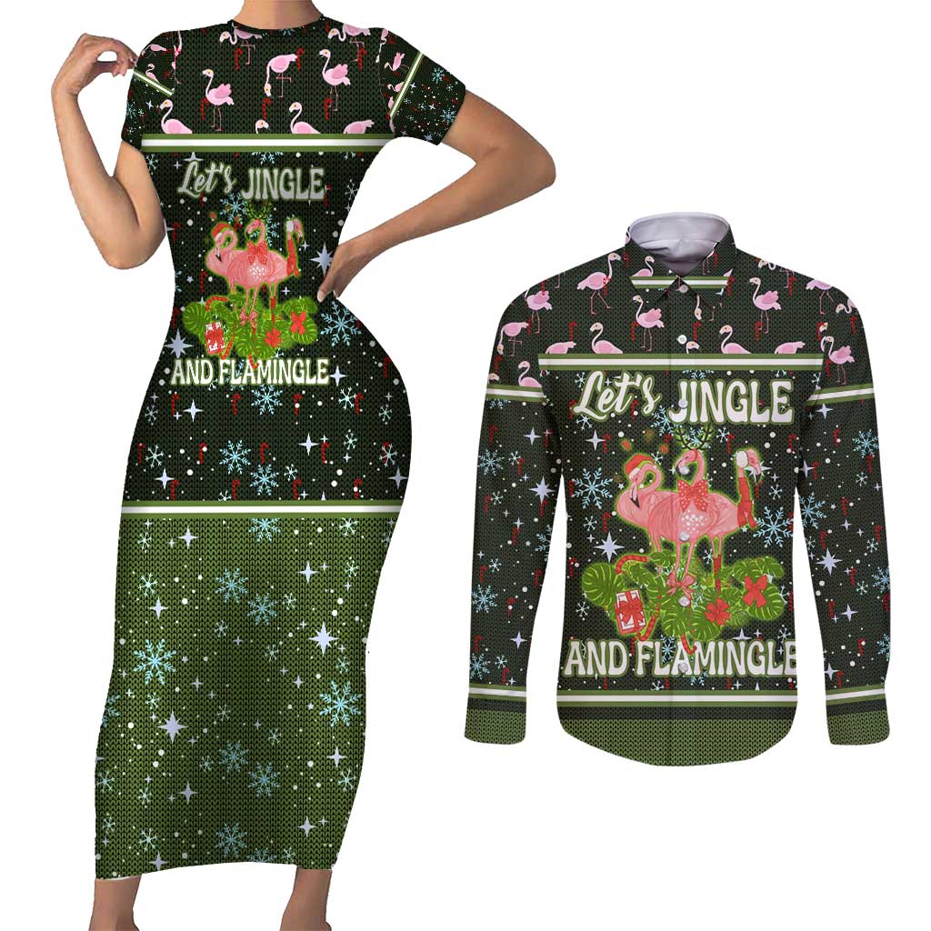 Lets Jingle And Flamingle Christmas Couples Matching Short Sleeve Bodycon Dress and Long Sleeve Button Shirt Funny Xmas Holiday Patterns - Wonder Print Shop