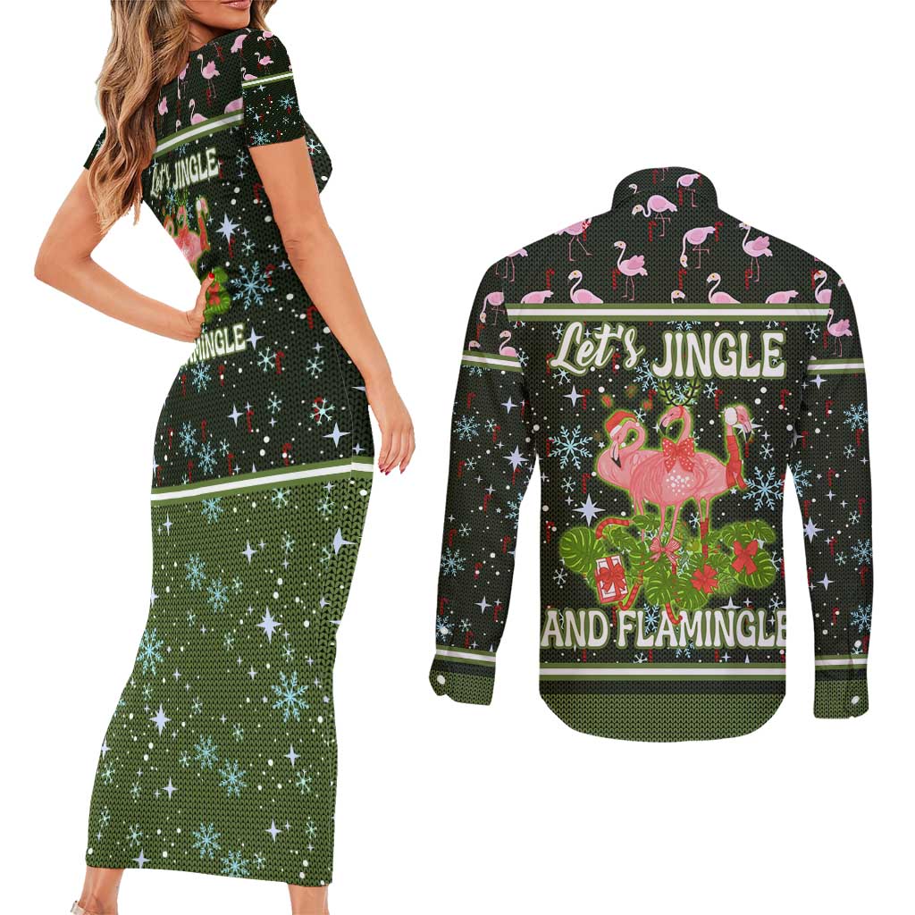 Lets Jingle And Flamingle Christmas Couples Matching Short Sleeve Bodycon Dress and Long Sleeve Button Shirt Funny Xmas Holiday Patterns - Wonder Print Shop