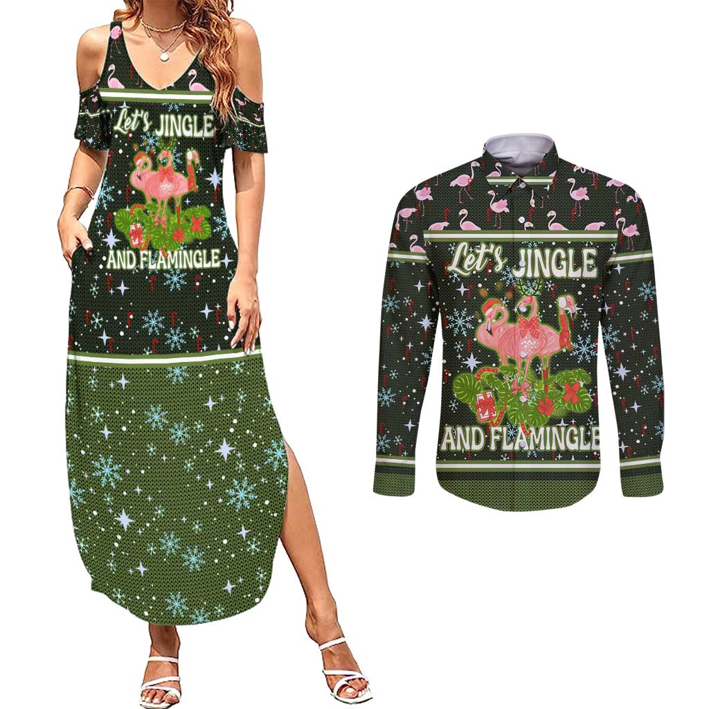 Lets Jingle And Flamingle Christmas Couples Matching Summer Maxi Dress and Long Sleeve Button Shirt Funny Xmas Holiday Patterns - Wonder Print Shop