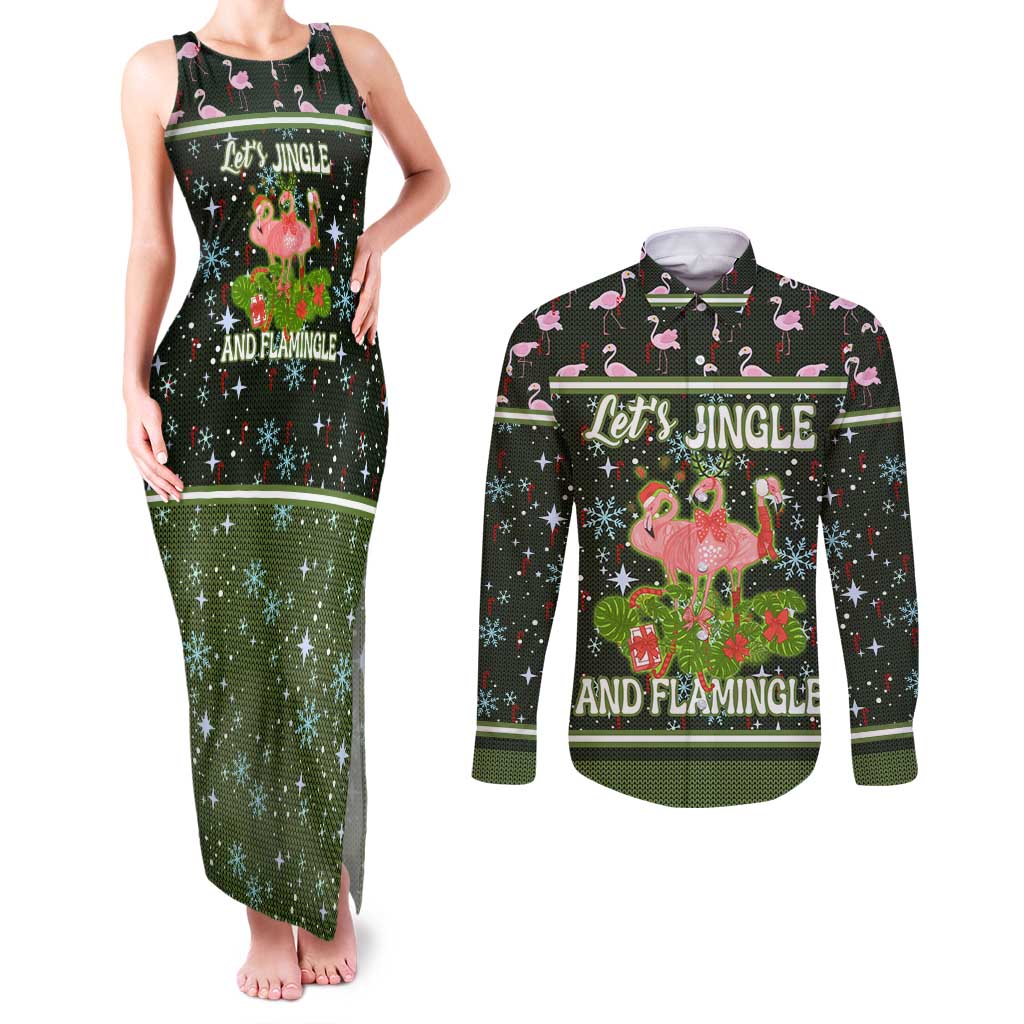 Lets Jingle And Flamingle Christmas Couples Matching Tank Maxi Dress and Long Sleeve Button Shirt Funny Xmas Holiday Patterns - Wonder Print Shop