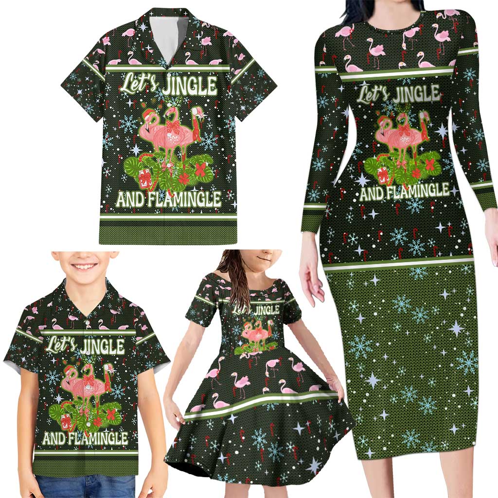 Lets Jingle And Flamingle Christmas Family Matching Long Sleeve Bodycon Dress and Hawaiian Shirt Funny Xmas Holiday Patterns - Wonder Print Shop