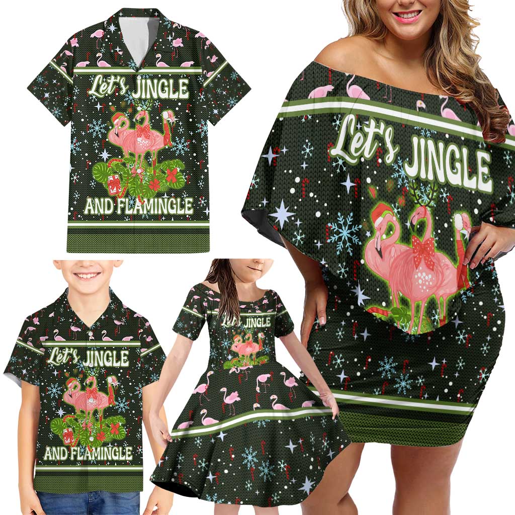 Lets Jingle And Flamingle Christmas Family Matching Off Shoulder Short Dress and Hawaiian Shirt Funny Xmas Holiday Patterns - Wonder Print Shop