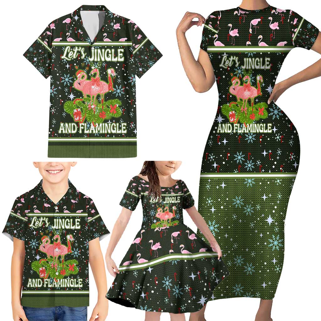 Lets Jingle And Flamingle Christmas Family Matching Short Sleeve Bodycon Dress and Hawaiian Shirt Funny Xmas Holiday Patterns - Wonder Print Shop