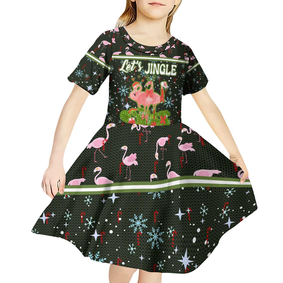 Lets Jingle And Flamingle Christmas Kid Short Sleeve Dress Funny Xmas Holiday Patterns - Wonder Print Shop