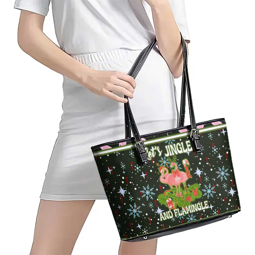 Lets Jingle And Flamingle Christmas Leather Tote Bag Funny Xmas Holiday Patterns - Wonder Print Shop