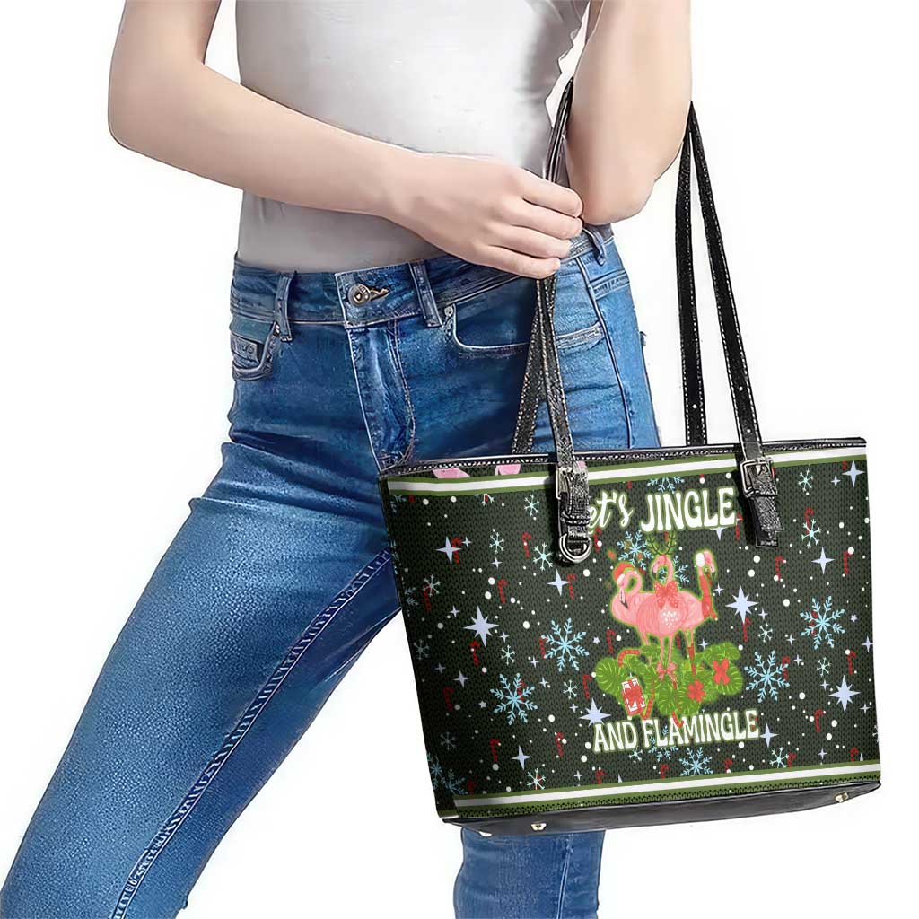 Lets Jingle And Flamingle Christmas Leather Tote Bag Funny Xmas Holiday Patterns - Wonder Print Shop