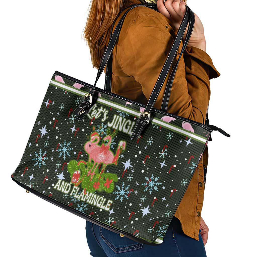 Lets Jingle And Flamingle Christmas Leather Tote Bag Funny Xmas Holiday Patterns - Wonder Print Shop