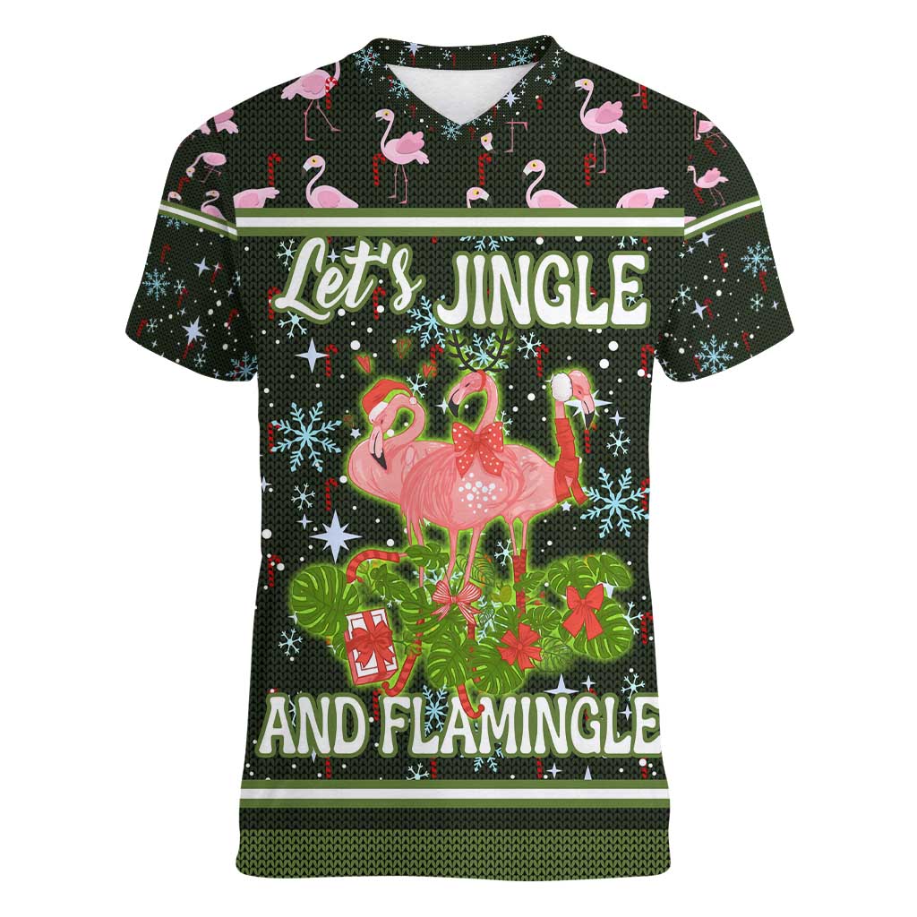 Lets Jingle And Flamingle Christmas Women V-Neck T-Shirt Funny Xmas Holiday Patterns - Wonder Print Shop