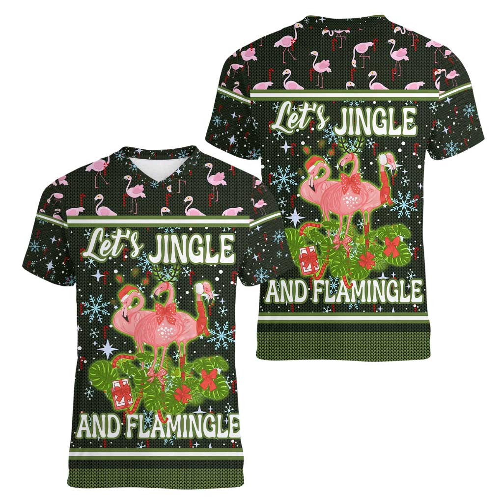 Lets Jingle And Flamingle Christmas Women V-Neck T-Shirt Funny Xmas Holiday Patterns - Wonder Print Shop