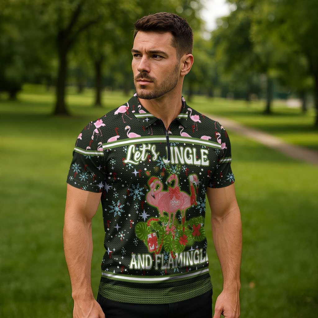 Lets Jingle And Flamingle Christmas Zipper Polo Shirt Funny Xmas Holiday Patterns - Wonder Print Shop