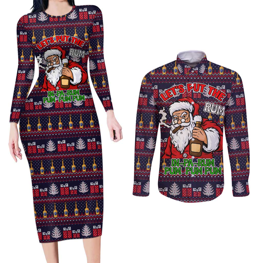Lets Put The Rum Pum Pum Pum Christmas Couples Matching Long Sleeve Bodycon Dress and Long Sleeve Button Shirt Xmas Holiday Patterns - Wonder Print Shop